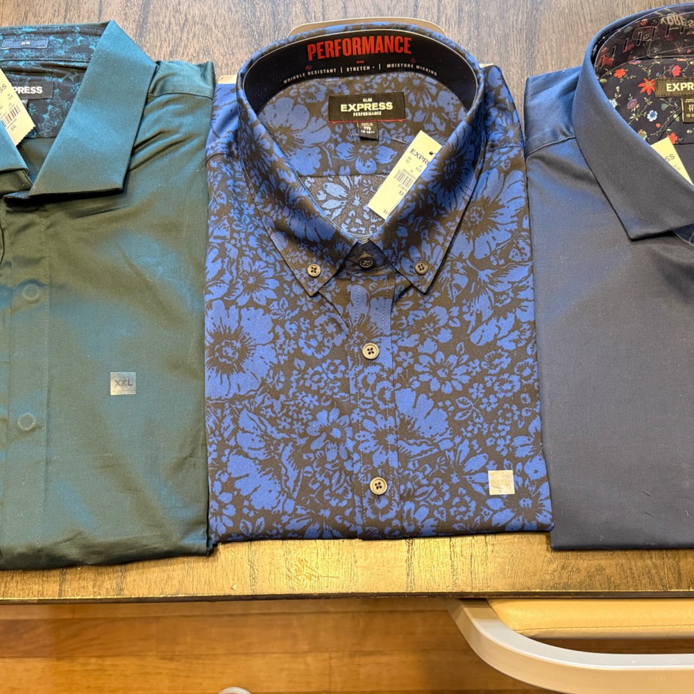 Express Green, Blue Floral, and Navy Shirts